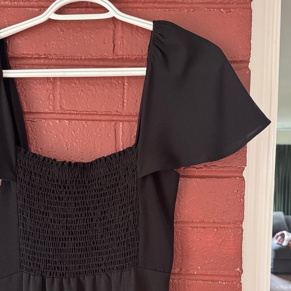 Show Me Your Mumu Black Midi Dress with Smocked Bodice, Flutter Sleeves, & Slit - Picture 3 of 7